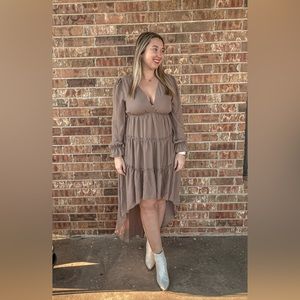 Khaki tiered ruffle high/low dress